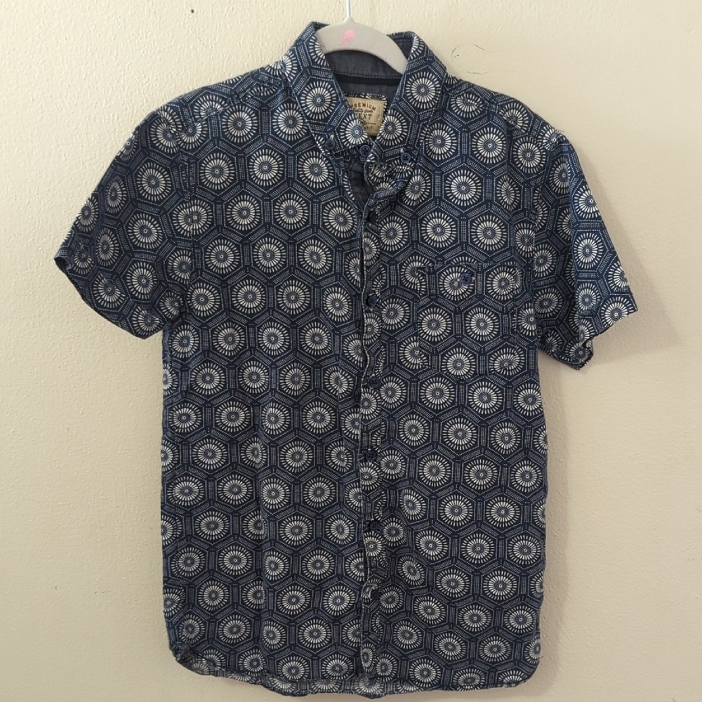 Next Kids Short-Sleeve Button-Down Shirt Navy White Mandala Pattern Boys Size M